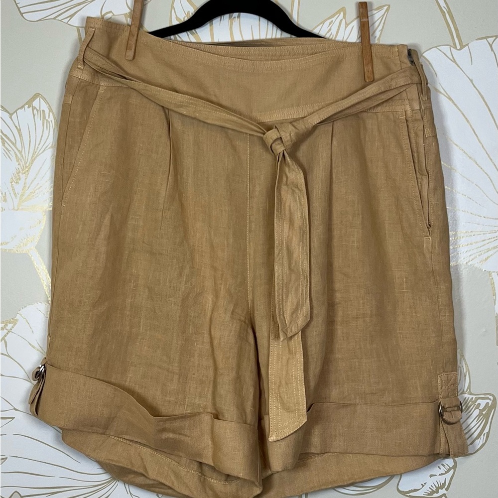 Wrap London Tan 100% Linen High- Waisted Shorts - Size 12